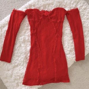 h:ours Red Lace Off-Shoulder Dress